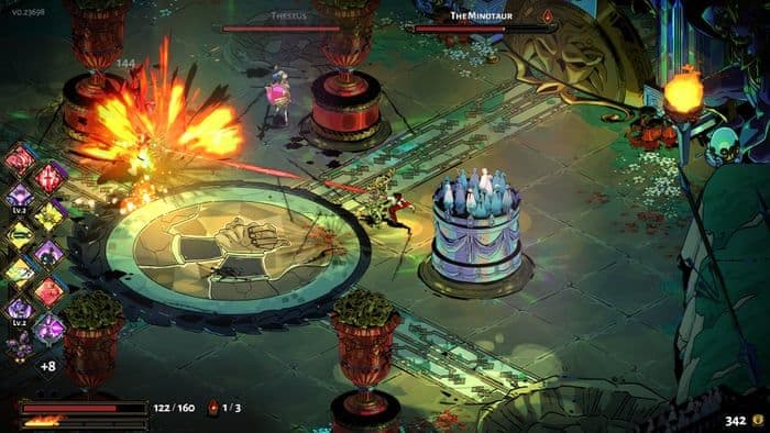 Zagreus battles the Minotaur and Theseus in Hades using a variety of Infernal Arms and projectiles.