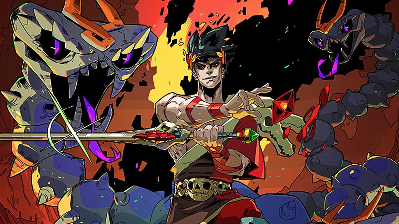 A dramatic confrontation between Zagreus and a multi-headed serpent in the fiery depths of the Underworld in Hades.