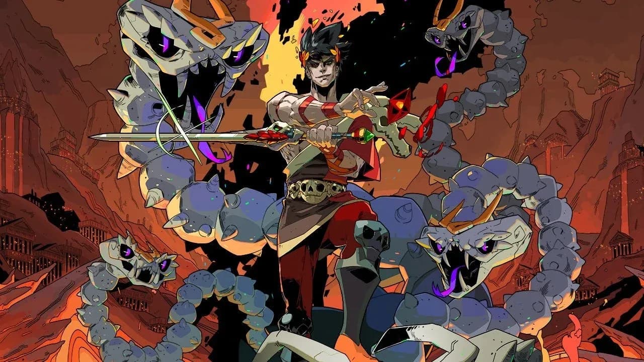 Zagreus stands with his sword against the multi-headed Bone Hydra in the fiery underworld of Hades.