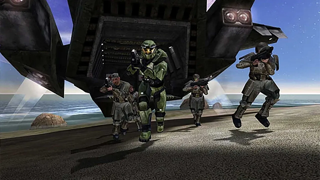The UNSC beach assault during the iconic Silent Cartographer mission in Halo Combat Evolved.