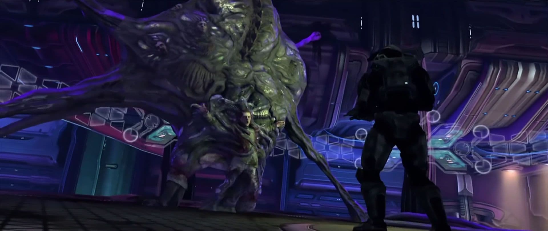 Una escena de Halo: El Combate ha Evolucionado que muestra al Capitán Keyes y el Flood durante la campaña.