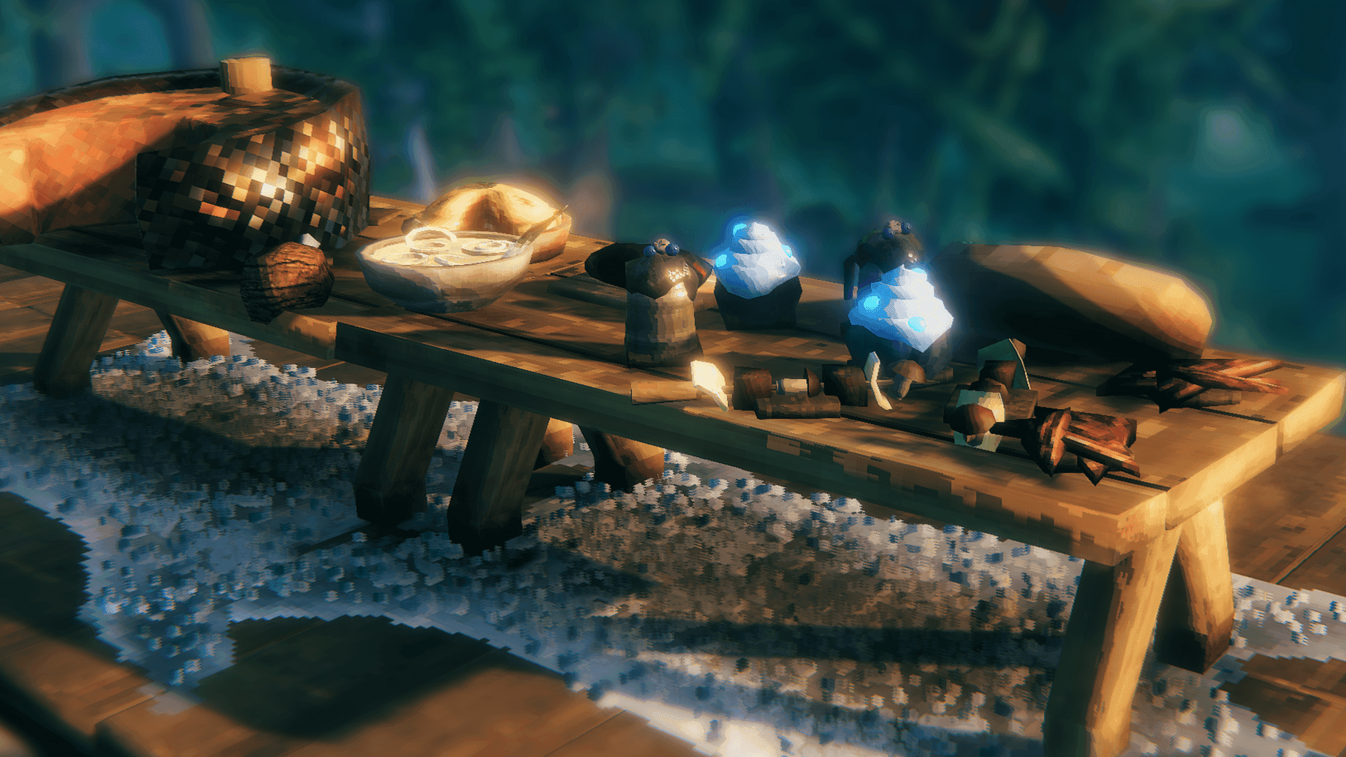 Valheim table displaying Hearth & Home food and prepared dishes beside tools