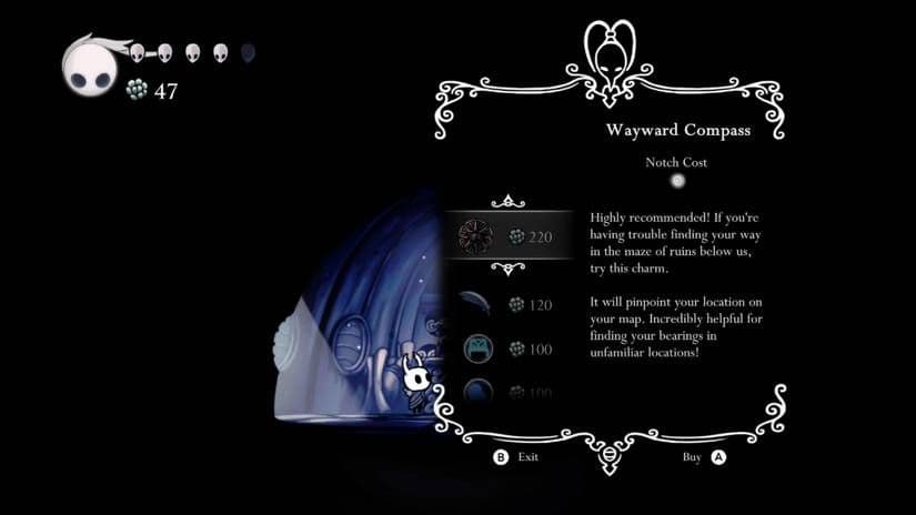 The Wayward Compass charm menu in Hollow Knight showing its notch cost and navigation benefits.