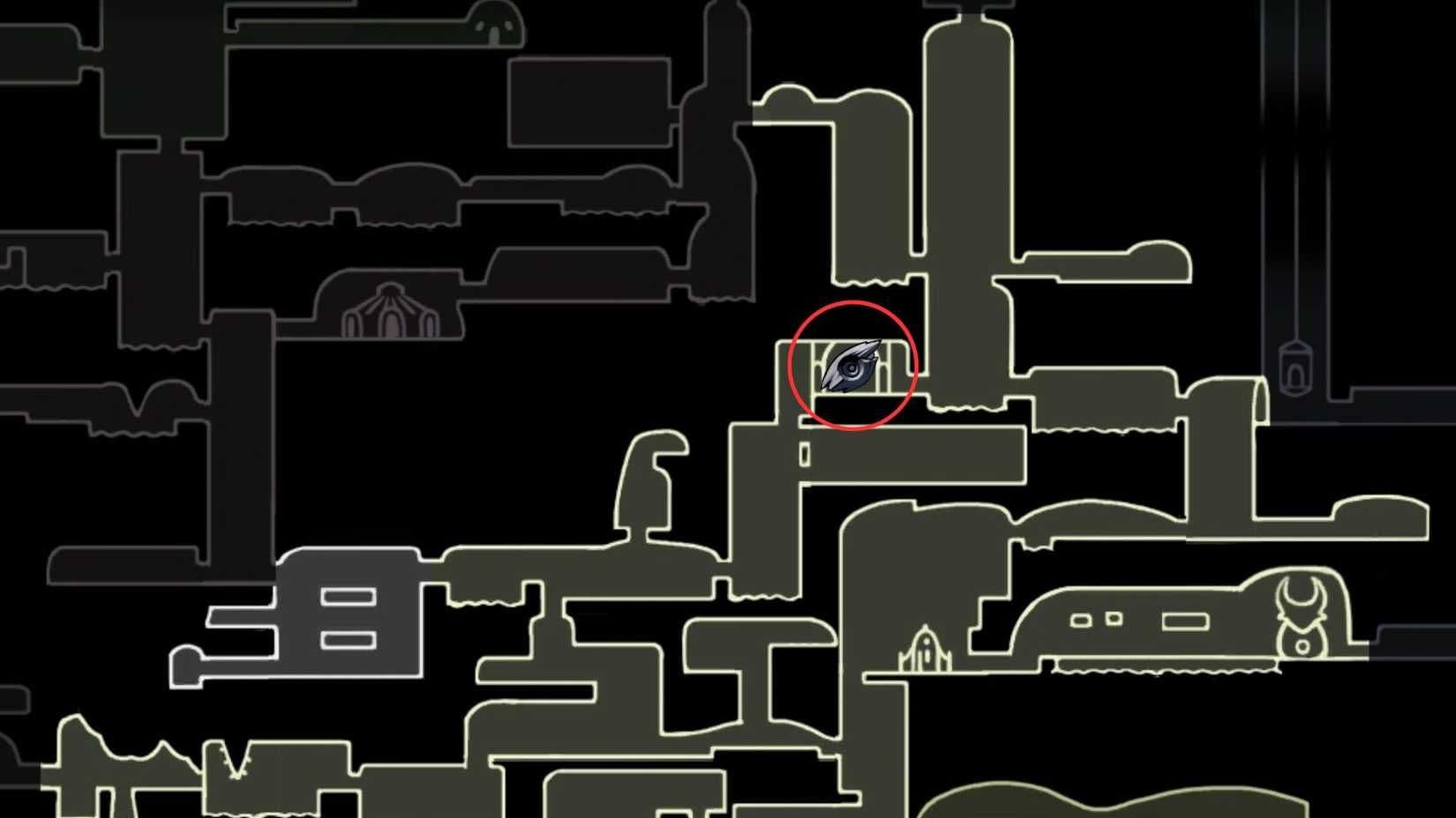 Hollow Knight map interface showing a specific charm notch location in the Fungal Wastes area.
