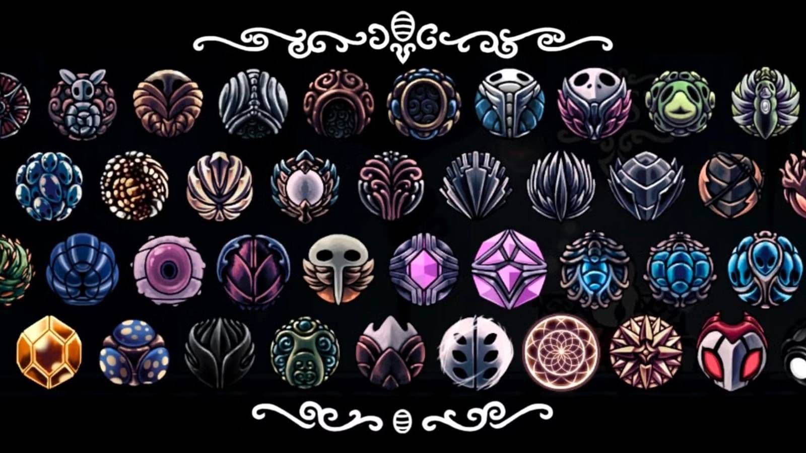 A collection of Hollow Knight Charm Notch designs illustrating the slots needed to equip Charms.