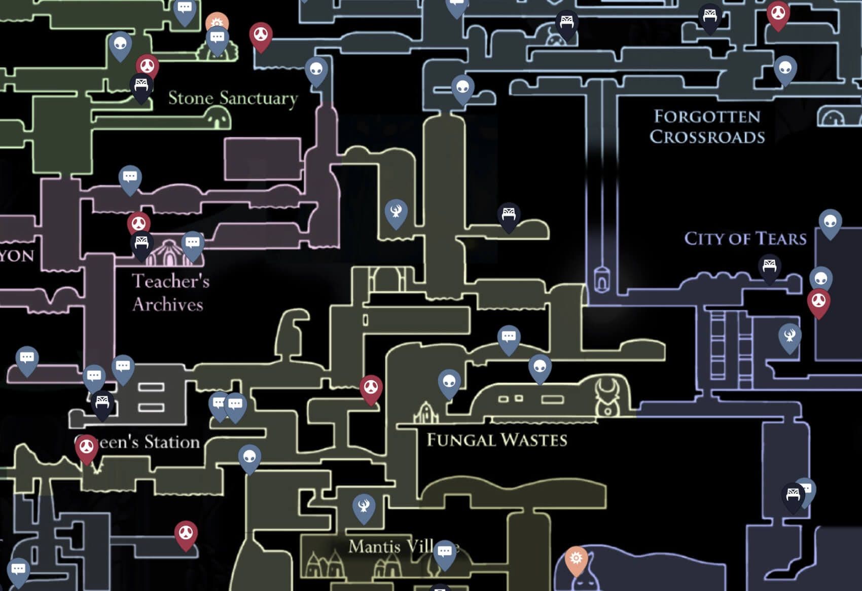 A detailed Hollow Knight map highlighting Charm Notch locations and vendor requirements across Hallownest.