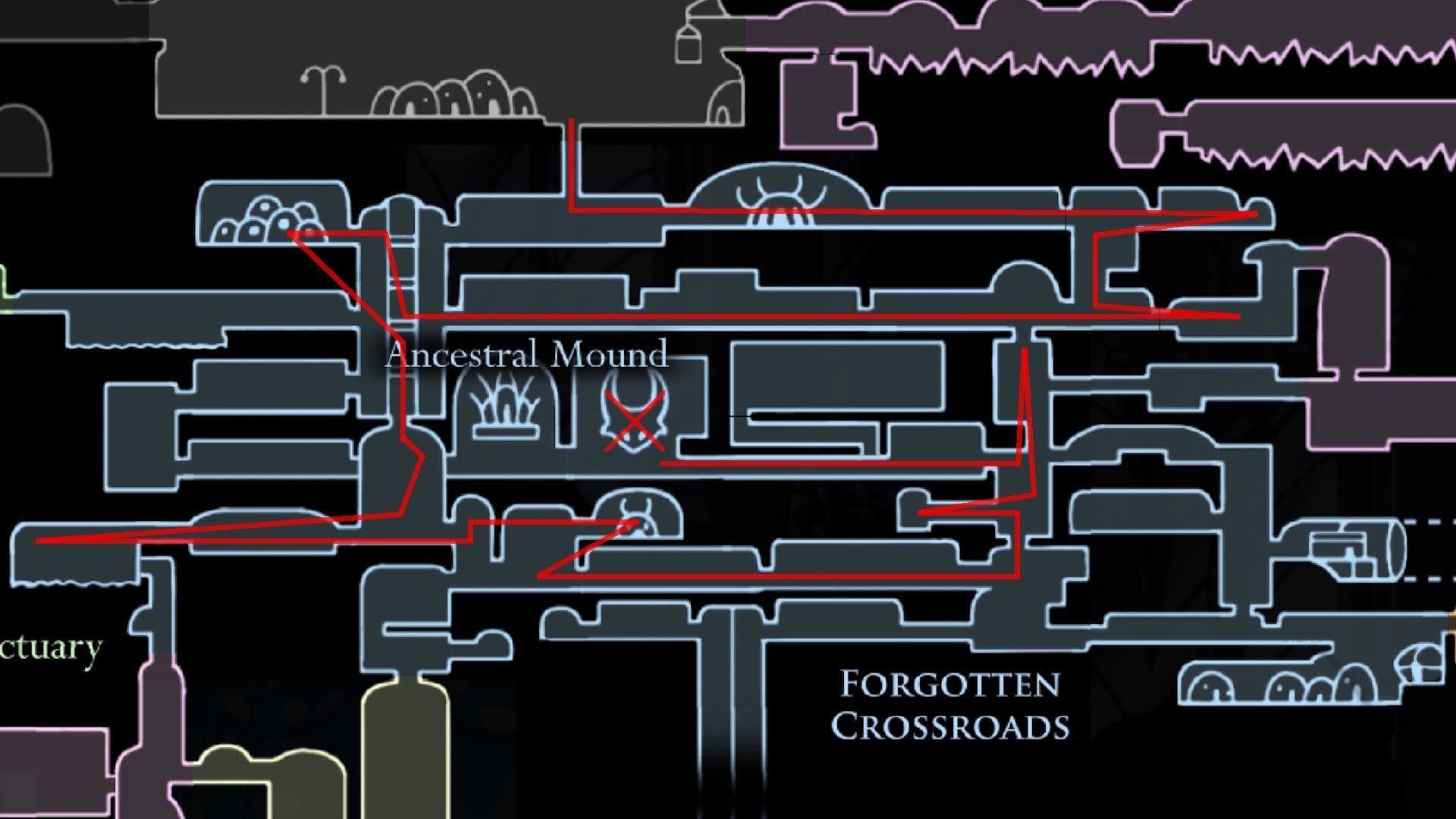 Forgotten Crossroads map in Hollow Knight showing Cornifer and Iselda's shop unlock paths.