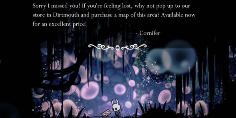 The Knight reads Cornifer's note in Hollow Knight to learn about Iselda's shop in Dirtmouth.