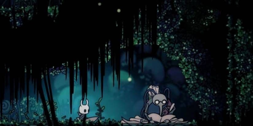 The Knight encounters Cornifer in the lush Greenpath region of Hollow Knight.