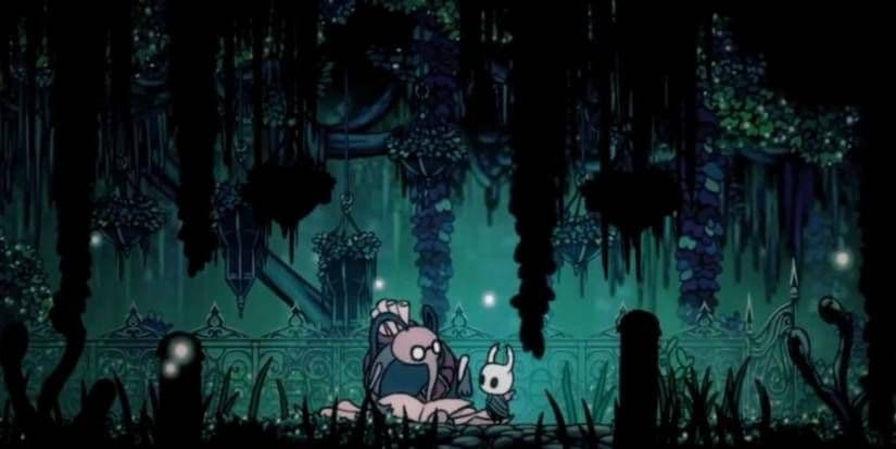 The Knight approaches Cornifer in the Queen's Gardens to buy a map in Hollow Knight.