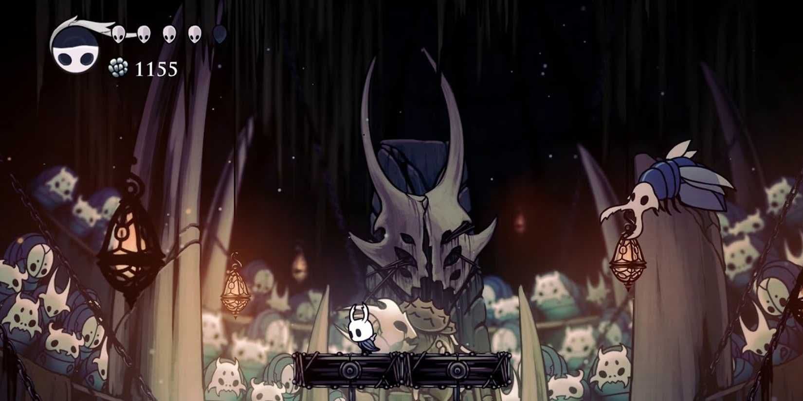 The Knight battles in the Colosseum of Fools using the Pure Nail, the strongest weapon in Hollow Knight.