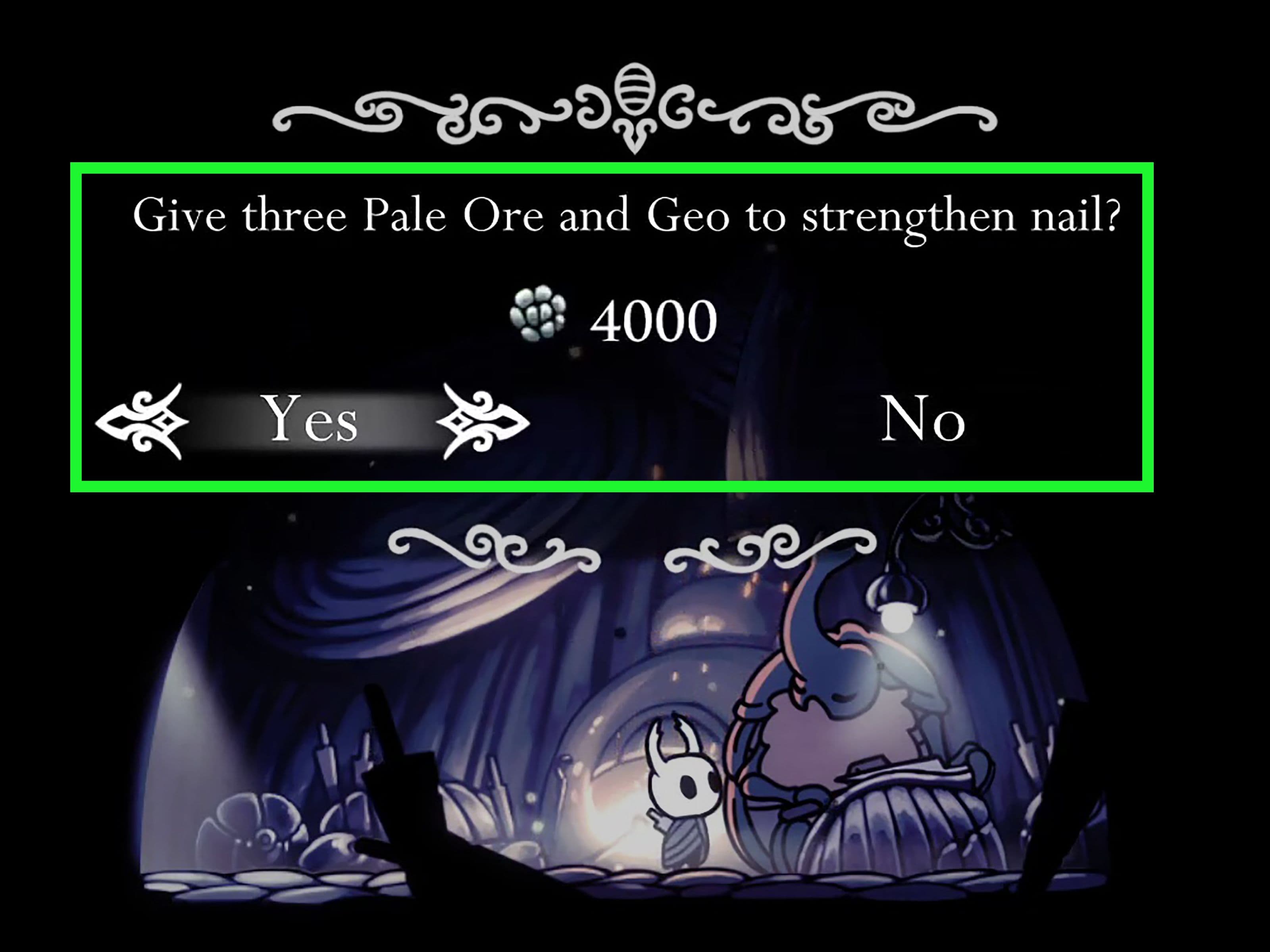 A Hollow Knight dialogue box showing the option to upgrade the Nail using Pale Ore and Geo.