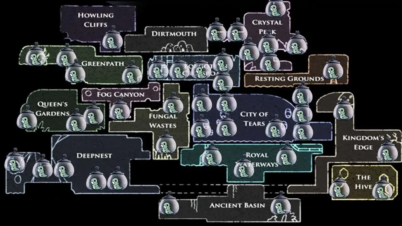 Hollow Knight world map with icons marking Pale Ore locations for nail upgrades.