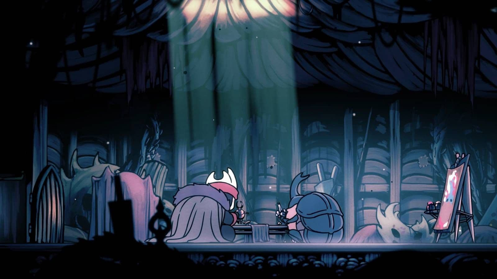 The Nailsmith character portrait from Hollow Knight in his workshop environment.