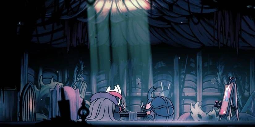 Hollow Knight Nailsmith and Sheo together in Greenpath after the player chooses to spare the smith.