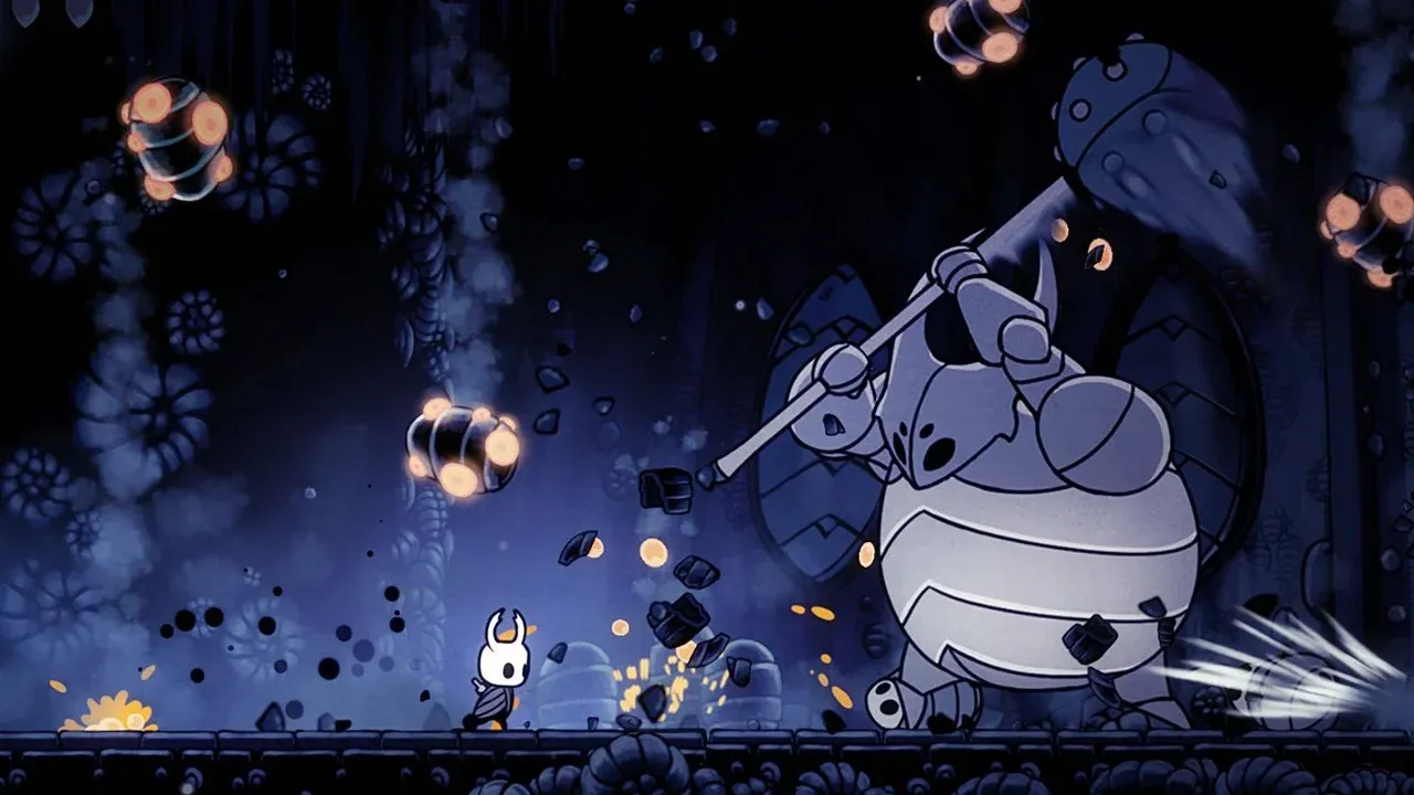 The Knight engages in a challenging boss battle against a large armored insect in Hollow Knight.