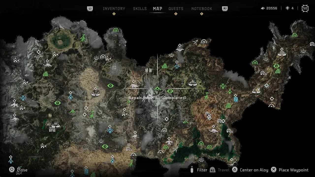 A detailed map of Horizon Zero Dawn shows various Cauldron locations and machine override points across the terrain.