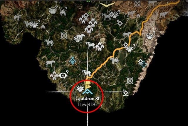 Map highlighting Cauldron XI in Horizon Zero Dawn, showing nearby landmarks and icons.