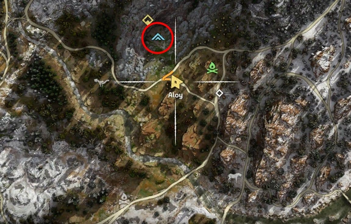 Detailed Horizon Zero Dawn map highlighting Cauldron Sigma and nearby machine points of interest.