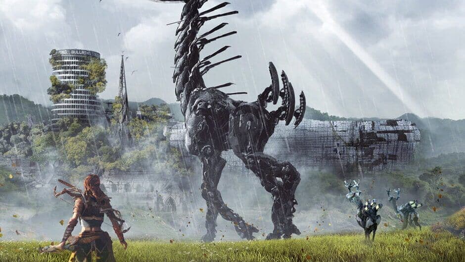 Official Horizon Zero Dawn artwork depicting Aloy in a stealthy pose amidst tall grass near machines.