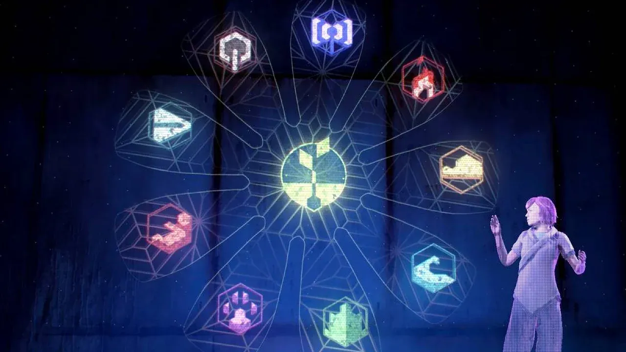 A holographic display in Horizon Zero Dawn shows GAIA and her interconnected subordinate functions like HADES and HEPHAESTUS.
