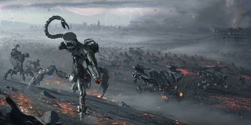 A swarm of Faro Plague Chariot Machines in Horizon Zero Dawn being countered by MINERVA.