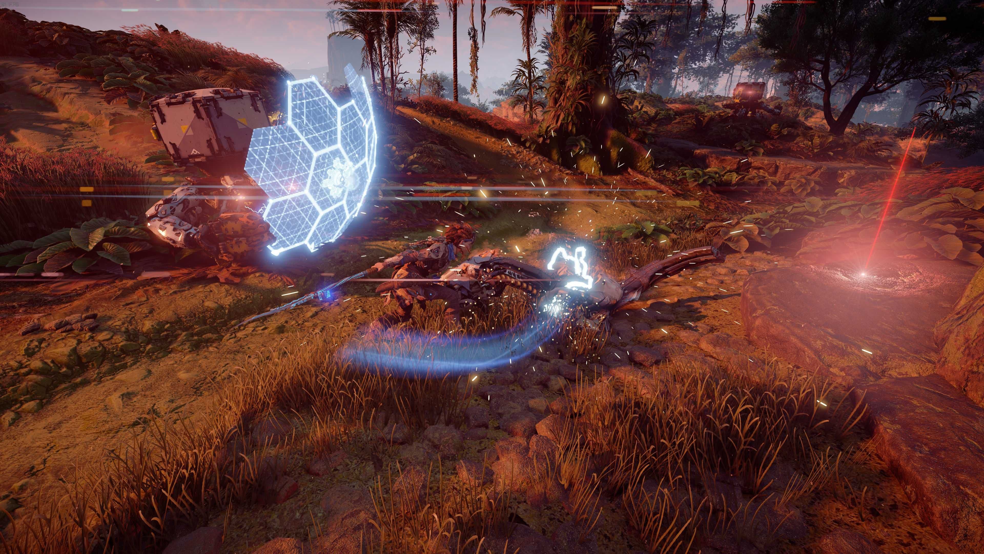 Aloy performs a light spear attack on a Watcher in a forest in Horizon Zero Dawn.