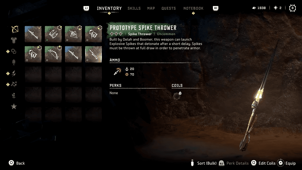 Horizon Zero Dawn inventory screen displaying early game skills and crafting materials.