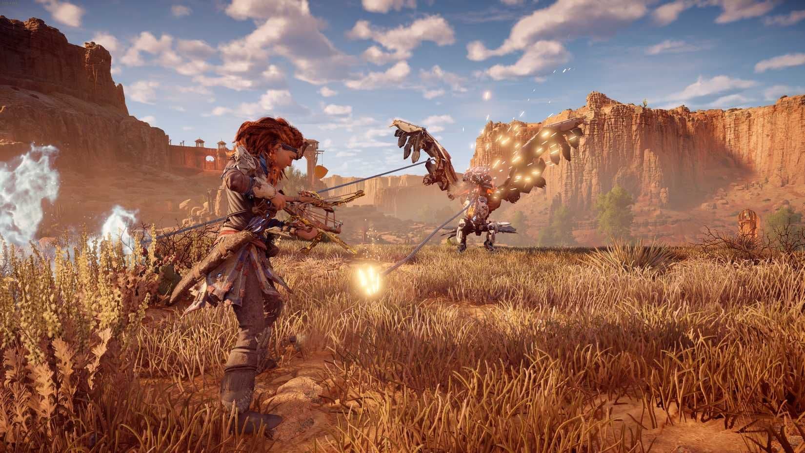 Aloy uses a Ropecaster to tie down a Glinthawk in Horizon Zero Dawn.