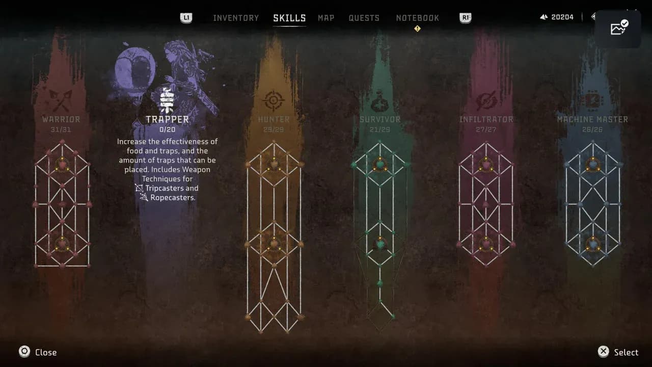The Horizon Zero Dawn skill tree menu showing various specializations like Trapper and Warrior for early game unlocks.