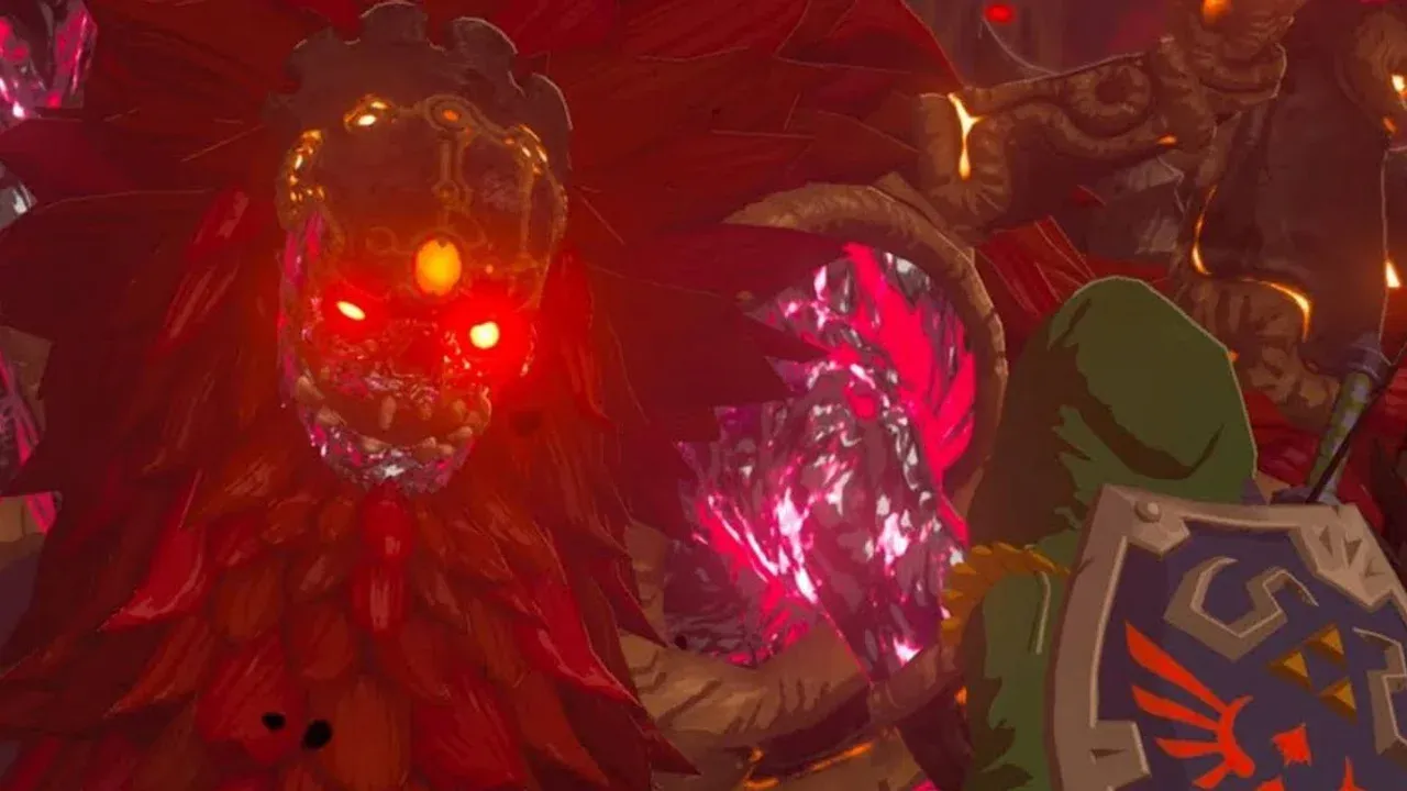 Link faces the corrupted Calamity Ganon in a fiery final battle in The Legend of Zelda: Breath of the Wild.
