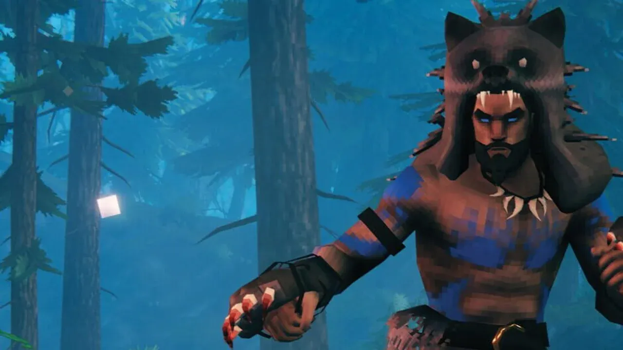 A Valheim Viking stands ready in a forest