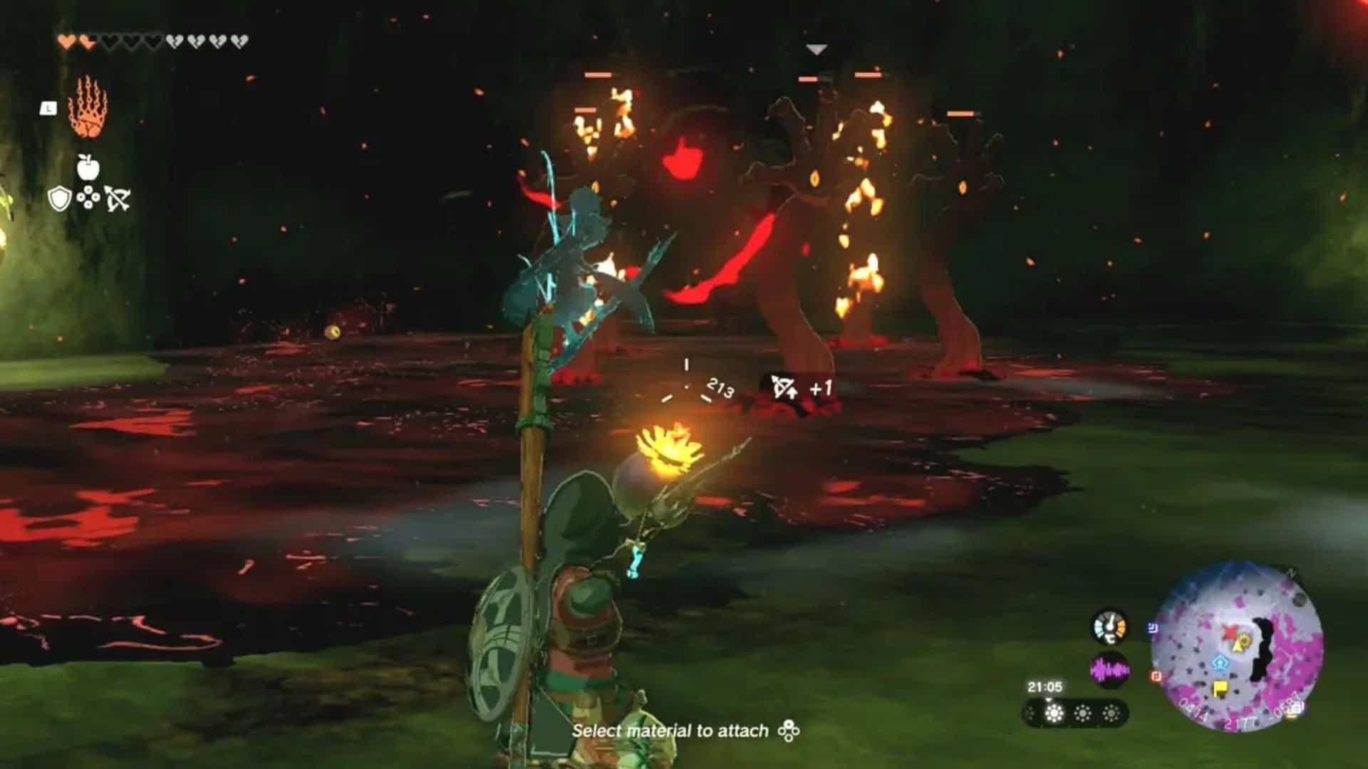 Link uses a bow for ranged combat against Gloom Hands in Zelda: Tears of the Kingdom.