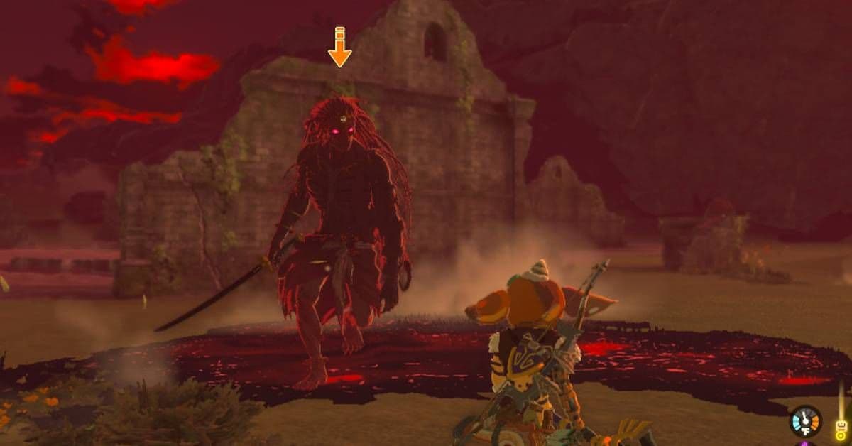 Link confronts a shadowy Gloom Spawn with glowing eyes in a ruined landscape in Tears of the Kingdom.