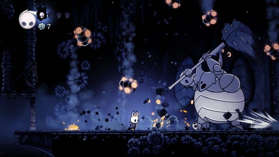 Official Hollow Knight gameplay screenshot showing combat mechanics and environment.