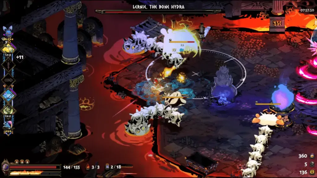 The Bone Hydra Lernie engages in a multi-phase boss fight surrounded by lava in Hades.