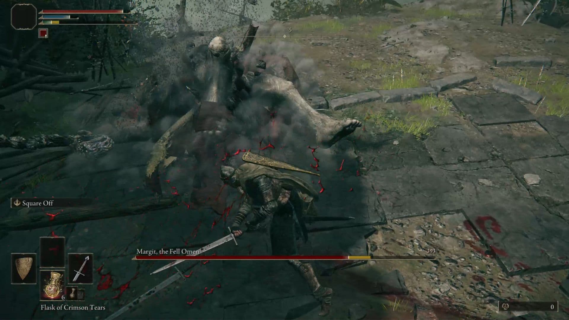 Combat strategy and positioning for the Margit the Fell Omen boss fight in Elden Ring.
