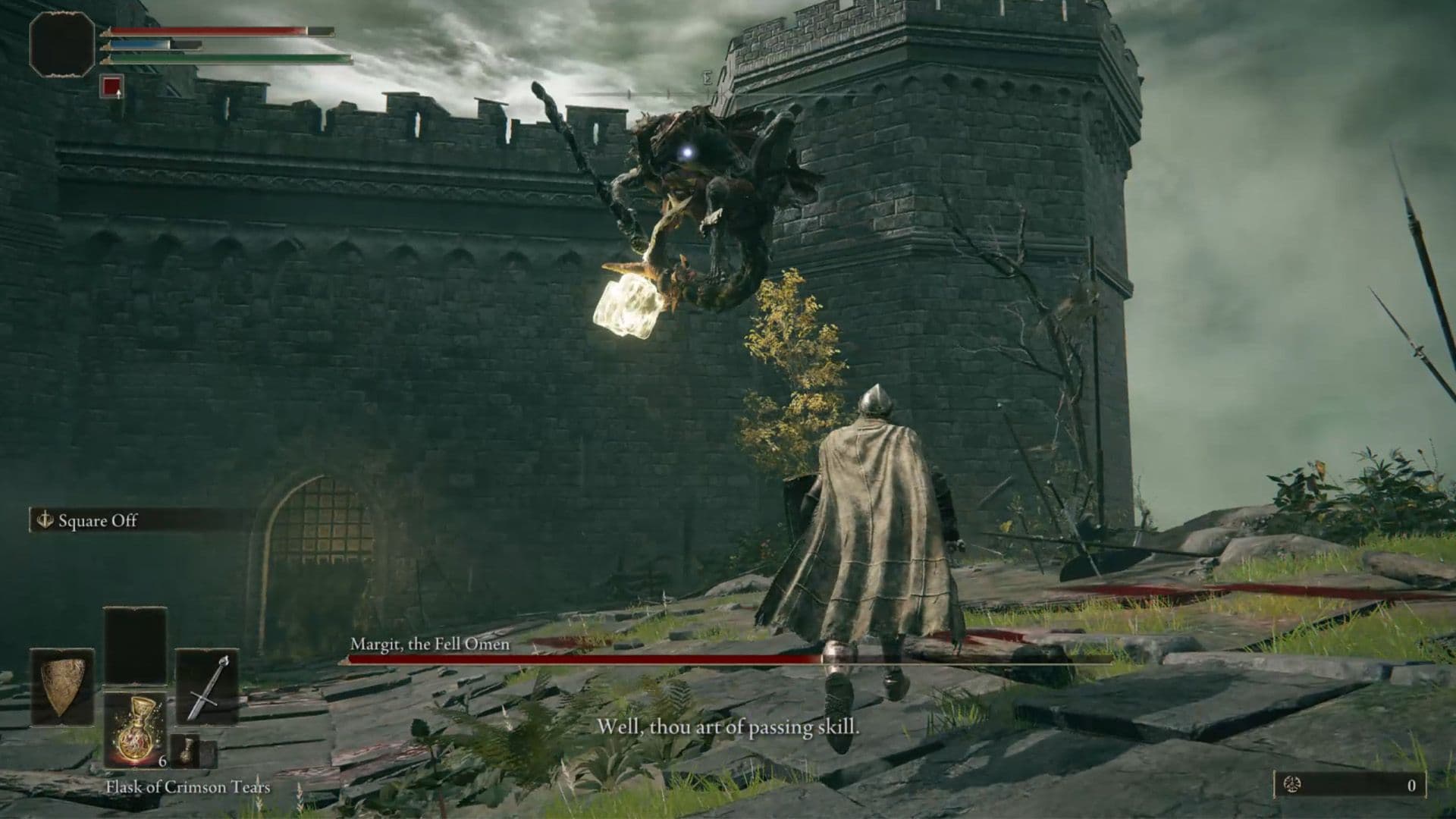 Margit the Fell Omen enters his second phase during an Elden Ring boss encounter.