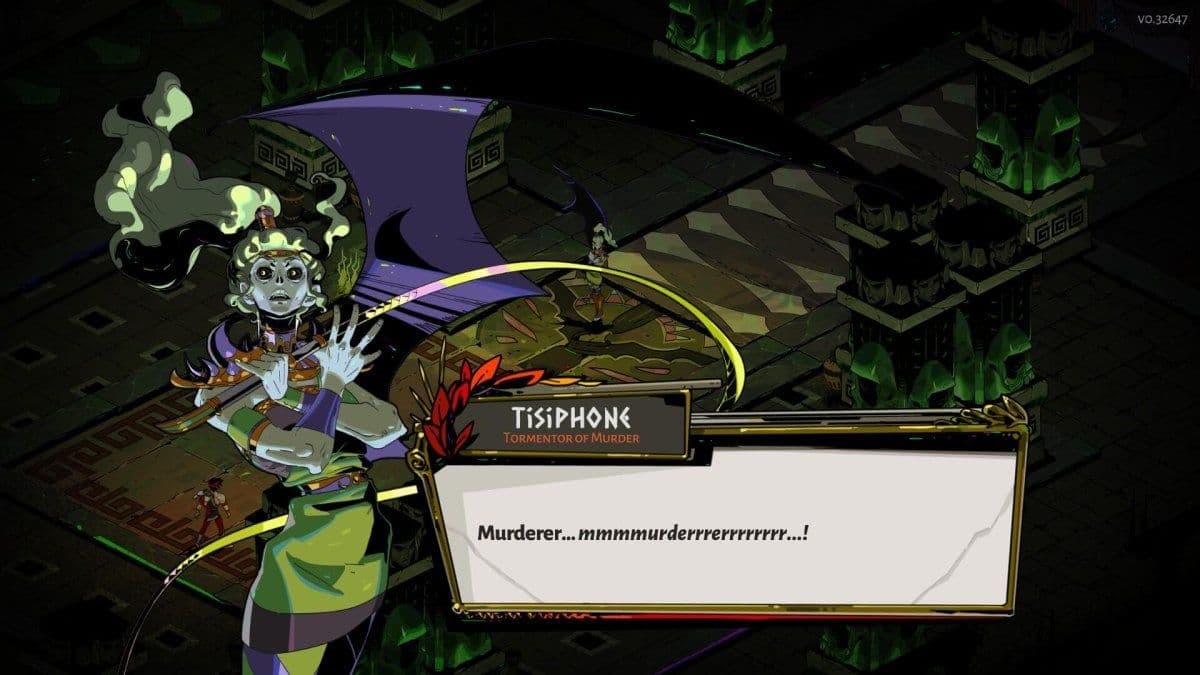 Tisiphone the Fury looms over Zagreus in a dark Hades boss arena with green skulls.