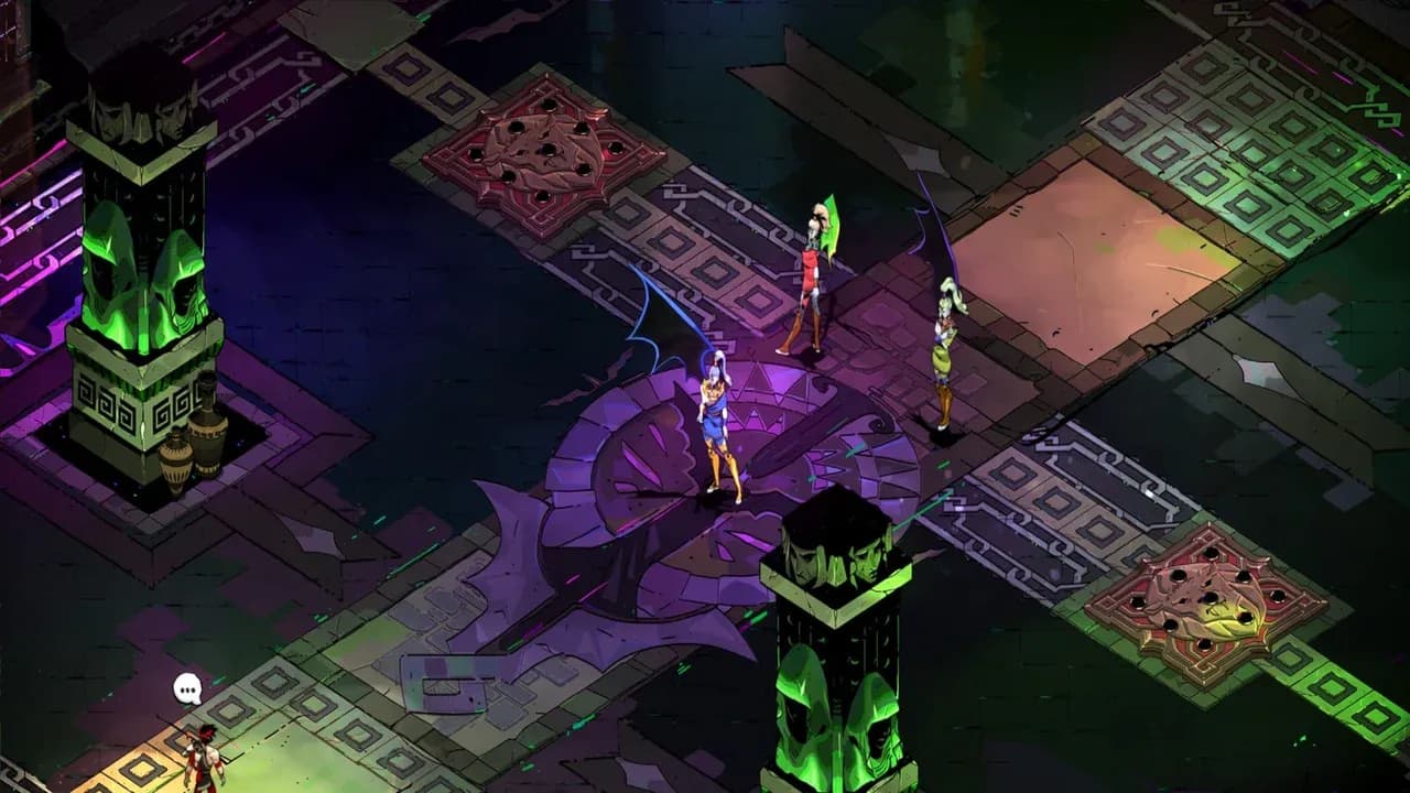 Zagreus faces off against the Fury Sisters Megaera, Alecto, and Tisiphone in a dark Hades boss arena.