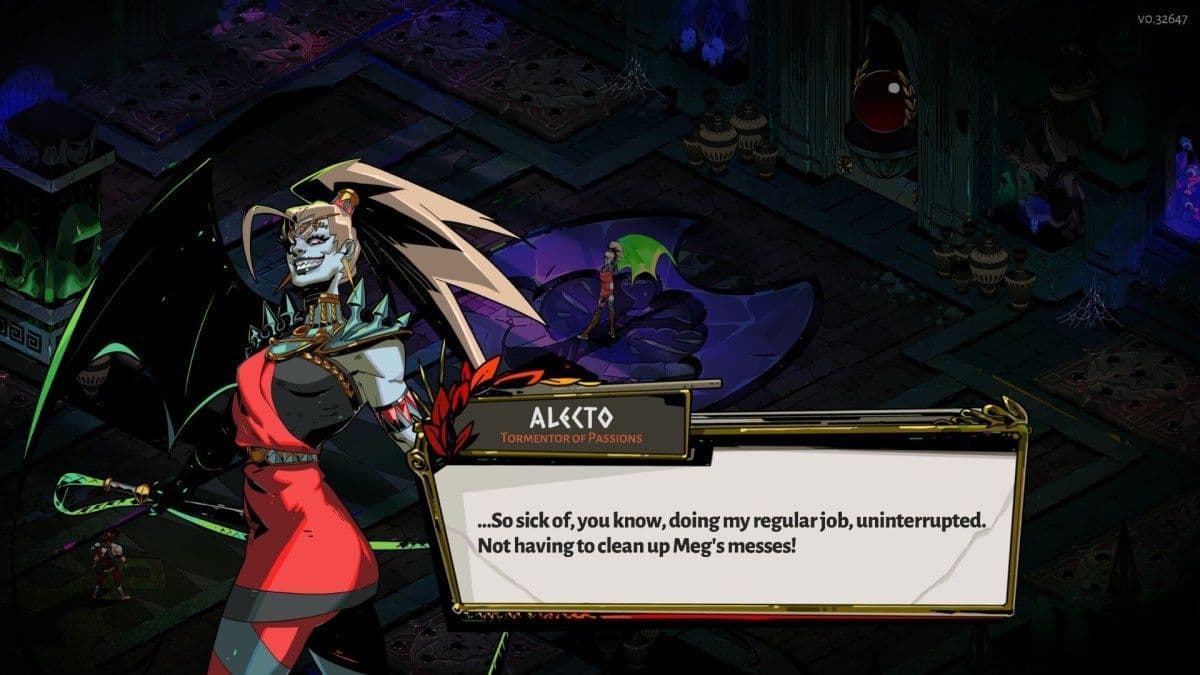 Alecto the Fury sister in Hades with spiked accessories and a menacing grin before a boss fight.