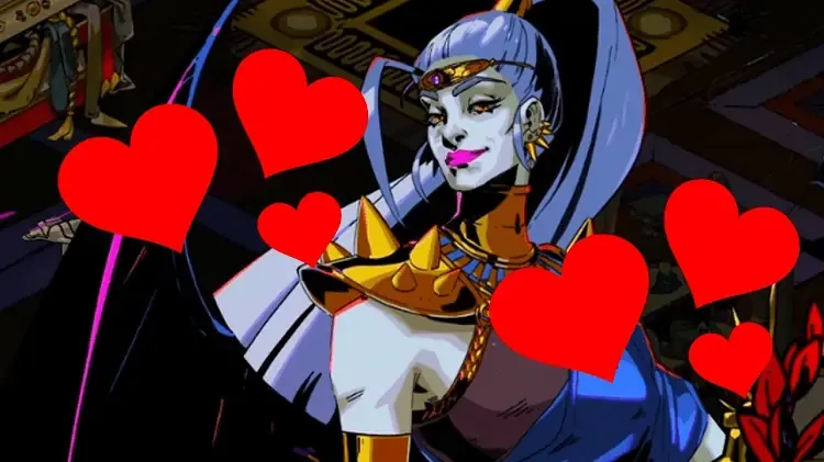 Megaera character portrait from Hades showing her blue hair and gold armor