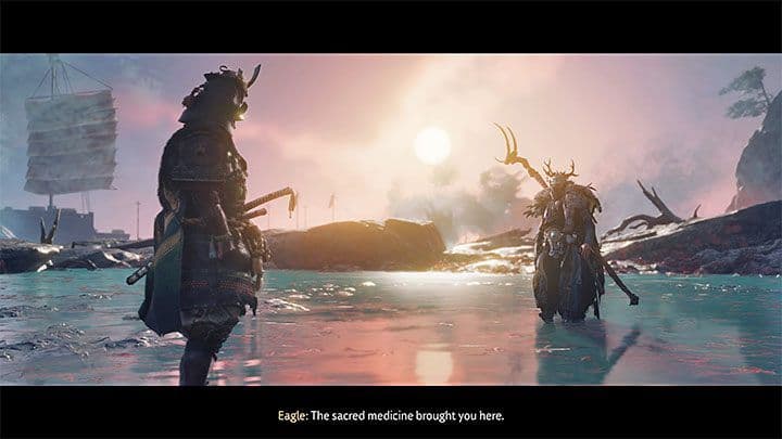 Jin Sakai prepares for The Eagle boss fight in Ghost of Tsushima wearing the Sarugami armor set.