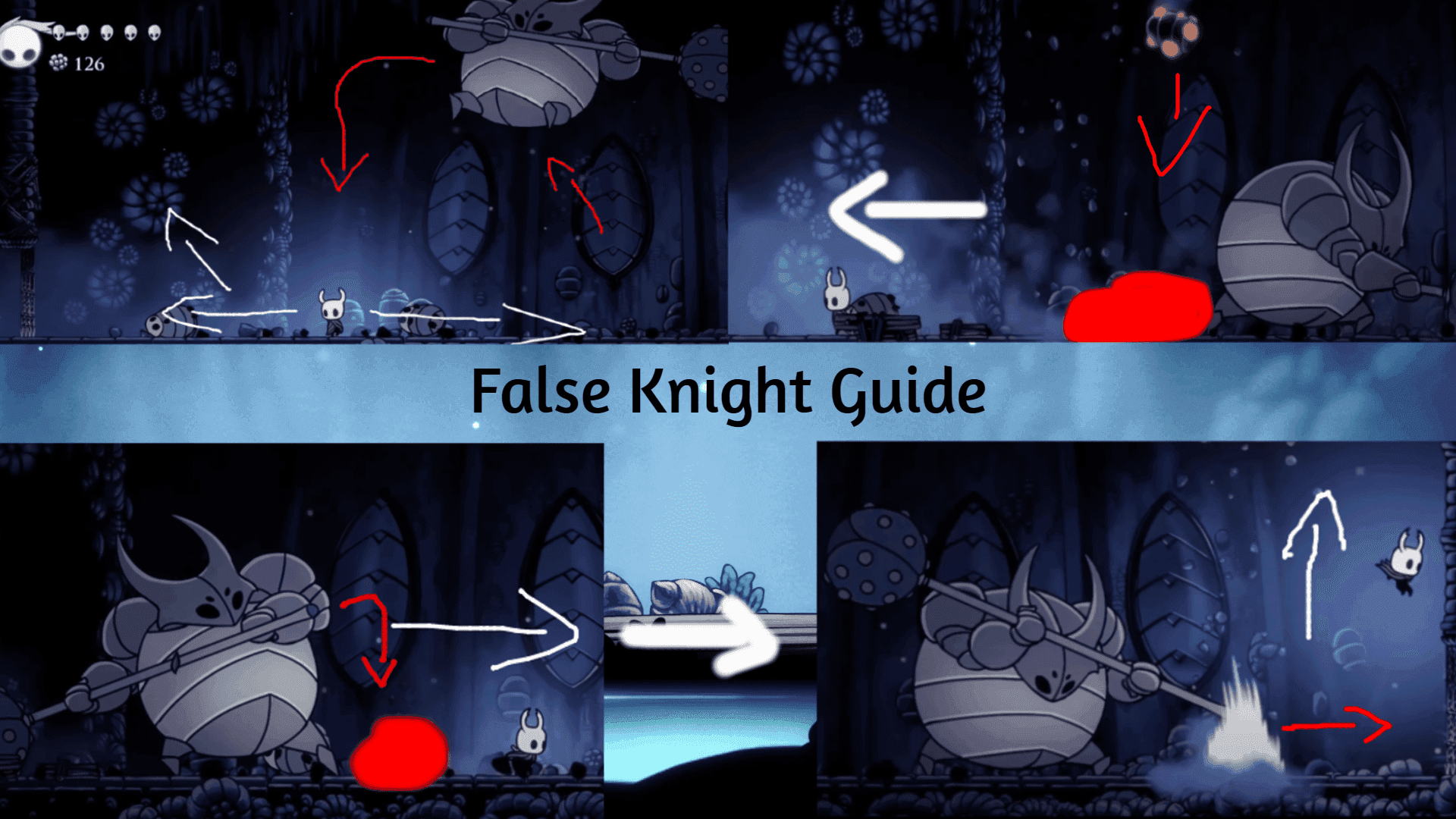 A detailed strategy guide diagram for Hollow Knight showing False Knight attack patterns and movement.
