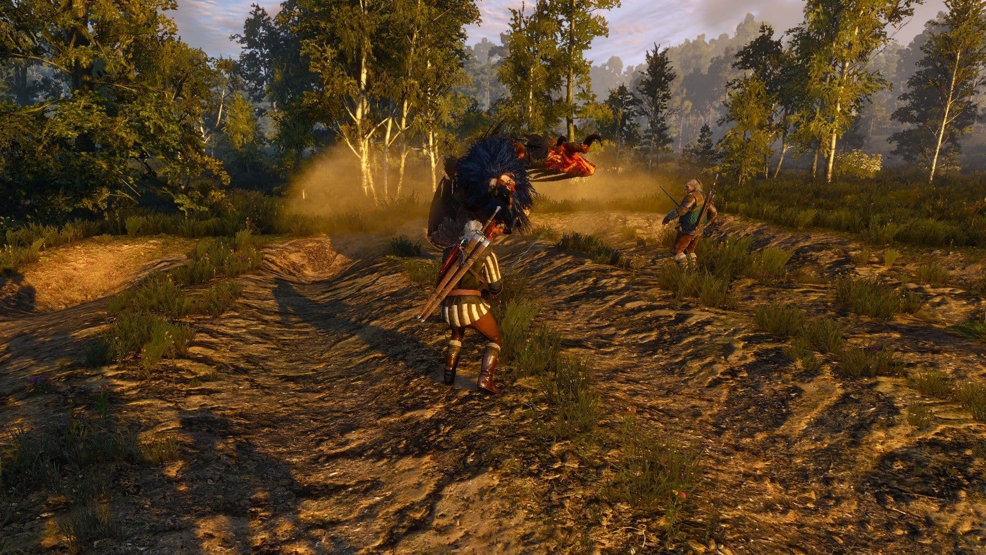 Geralt of Rivia engaging the Royal Griffin on the ground in White Orchard.