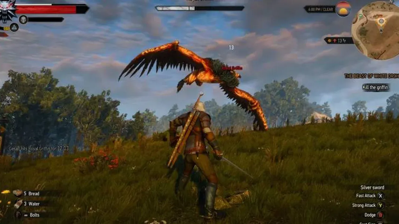 Geralt of Rivia prepares to fight the White Orchard Griffin in a grassy landscape in The Witcher 3.