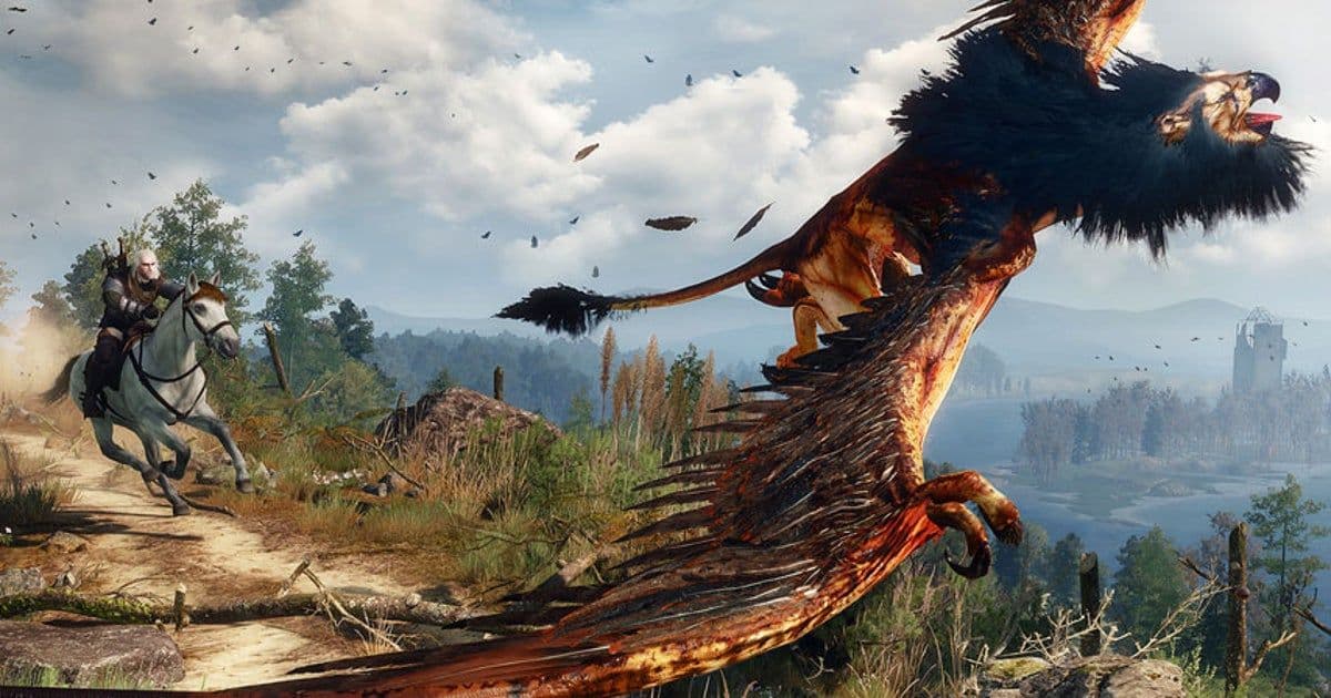 Geralt fights the griffin on horseback in the White Orchard region of The Witcher 3.