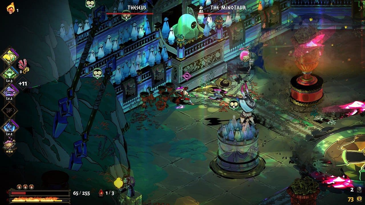 Asterius the Minotaur and Theseus engage the player in a dark Hades arena.