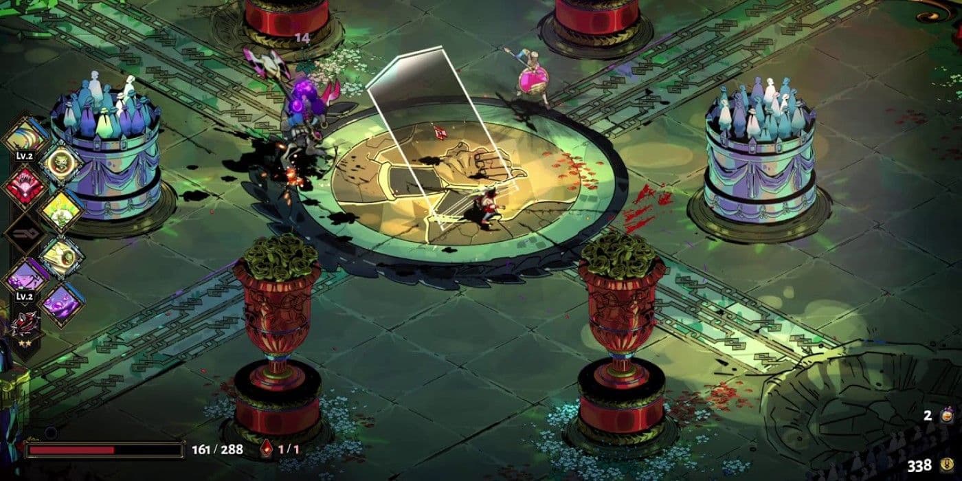 Zagreus uses strategic abilities and divine boons against Theseus and Asterius in the Hades Elysium arena.