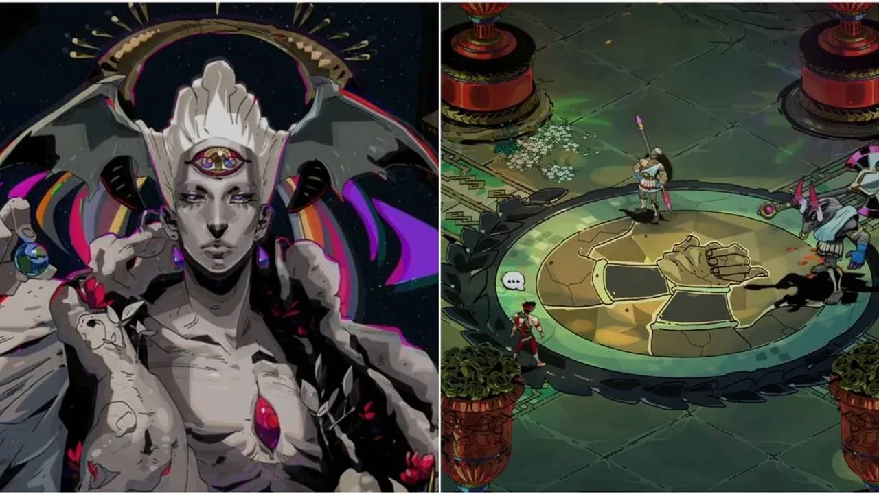 A collage showing Chaos and the dramatic boss fight introduction for Theseus and Asterius in Hades.